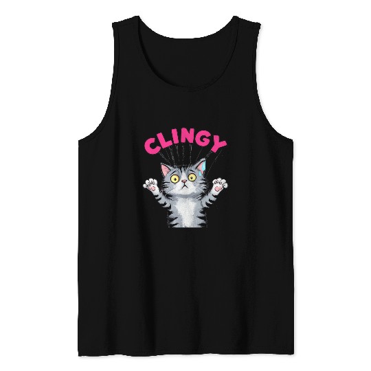 Humorous Clingy Cat Illustration Tank Tops