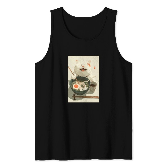 Happy White Cat Eating Ramen Tank Tops