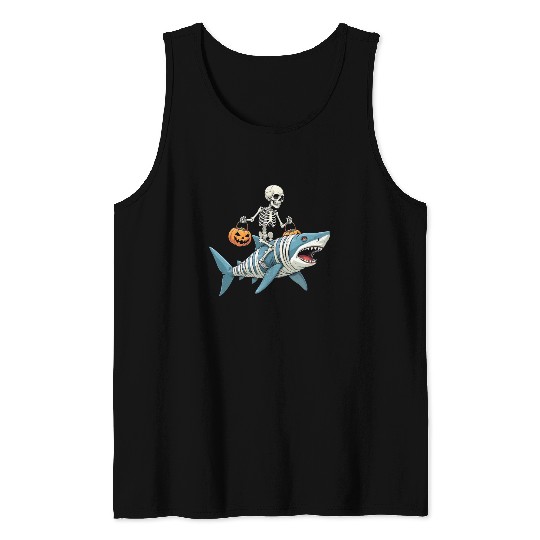Skeleton Riding Shark Mummy Funny Halloween Tank Tops
