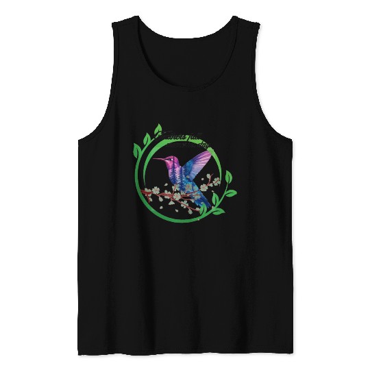 Vibrant Hummingbird and Blossoms Design Tank Tops