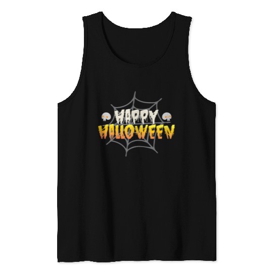 Happy Halloween with Spiderweb and Skulls Tank Tops