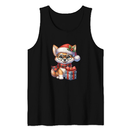 Festive Holiday Pug with Glasses and Gift Tank Tops