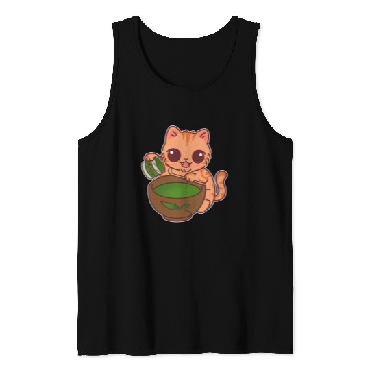 Kawaii Cat Barista Making Matcha Tea Tank Tops