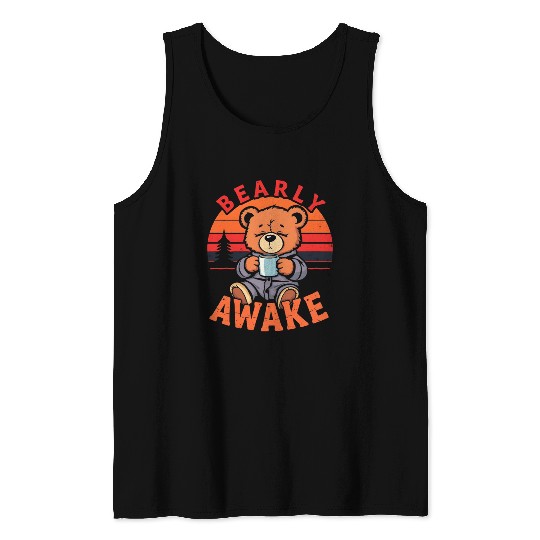 Bearly Awake with Coffee Illustration Tank Tops