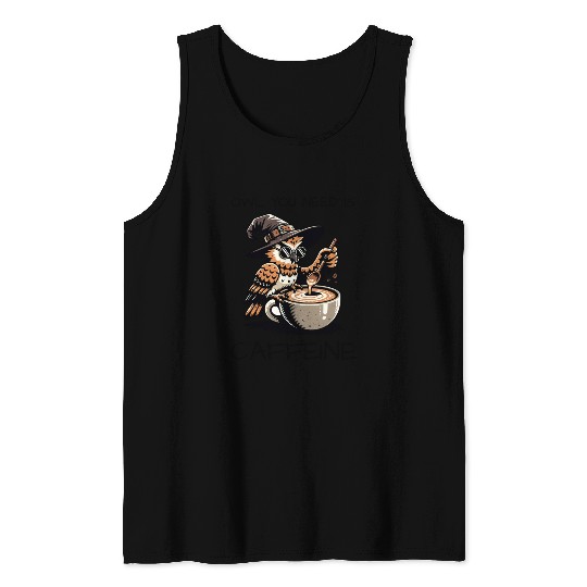 Whimsical Wizard Owl Coffee Design Tank Tops