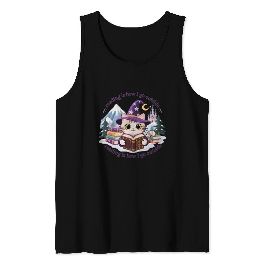 Whimsical Cat Wizard Reading Magic Book Tank Tops