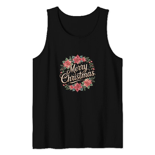 Elegant Poinsettia Wreath Merry Christmas Script Tank Tops