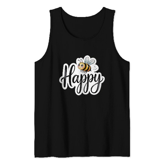 Whimsical Bee and Happy Text Artwork Tank Tops