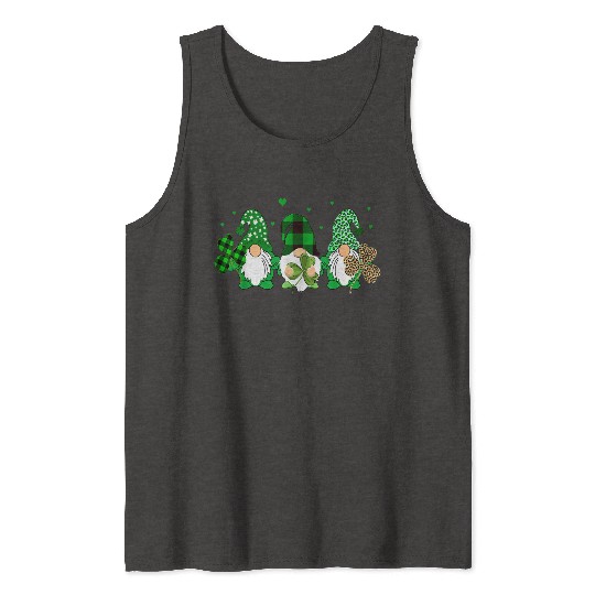Three Gnomes Holding Shamrock Leopard Plaid Tank Tops
