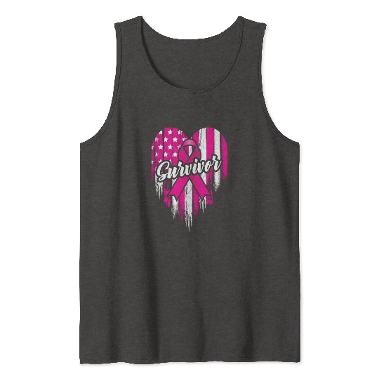 Breast Cancer Survivor Pink Ribbon American Flag Tank Tops