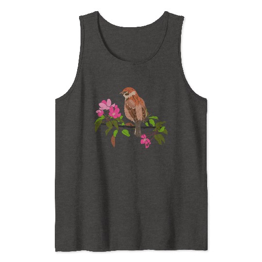 Sparrow on a branch pink flowers of an apple tree Tank Tops