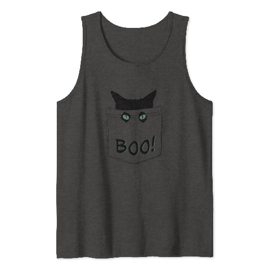 Green eyed Cat In Pocket Boo - funny Halloween Tank Tops