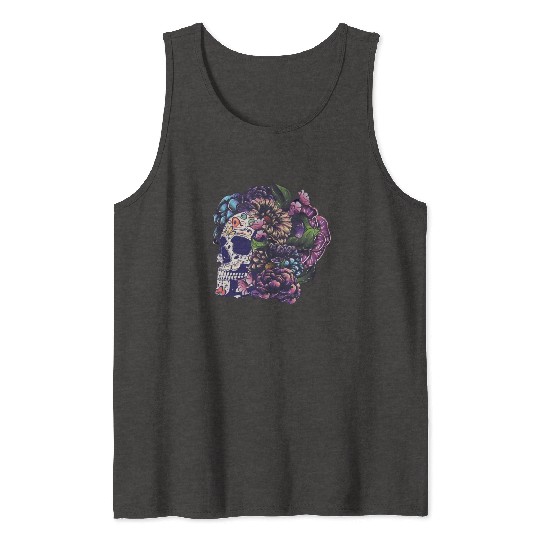 Halloween Sugar Skull And Flowers Tank Tops