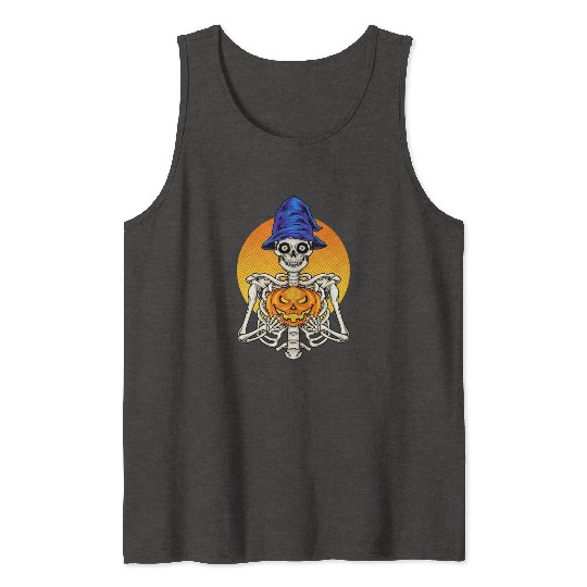 Skeleton Wizard With Scary Pumpkin - Halloween Tank Tops