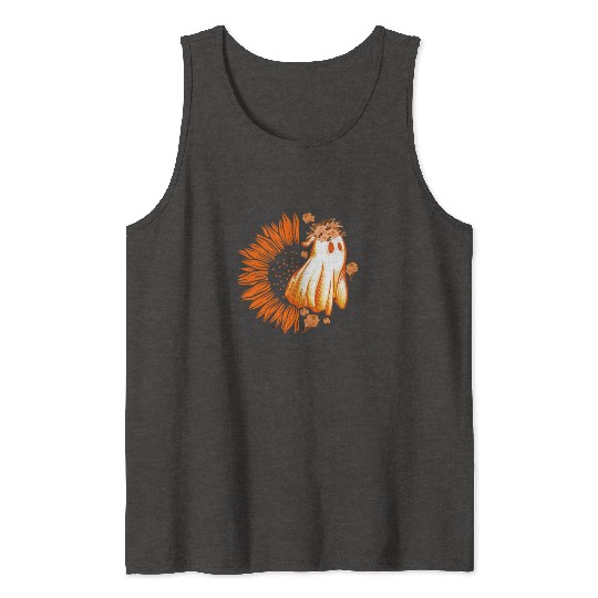 Halloween Theme Cute Ghost Sunflower Coffee Lover Tank Tops