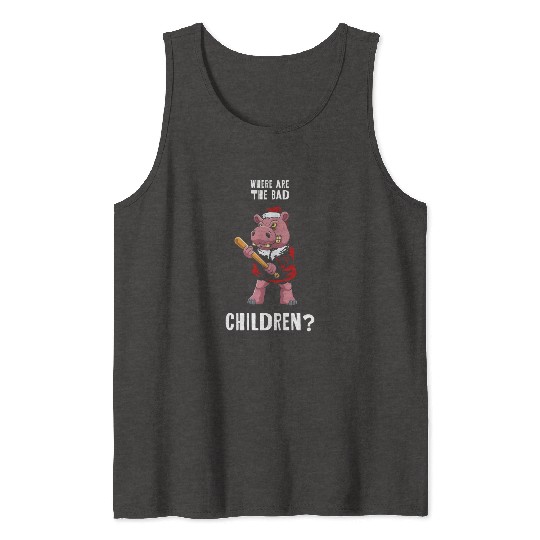 Where are the bad children? Christmas Hippo Santa Tank Tops