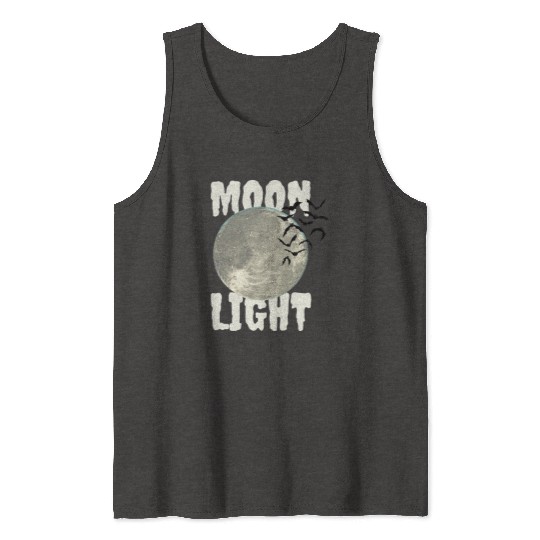 Dark Green Illustrated Moon Light Bat Tank Tops