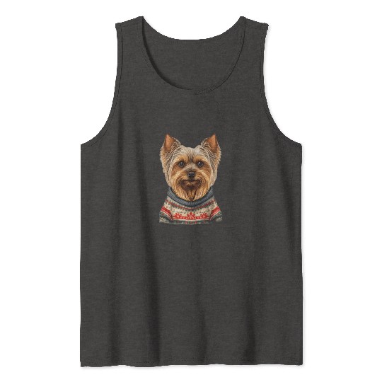 Festive Yorkshire Terrier in a Christmas Sweater Tank Tops