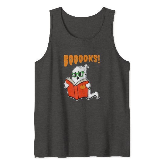 Funny Teacher Halloween Ghost Books Reading Tank Tops