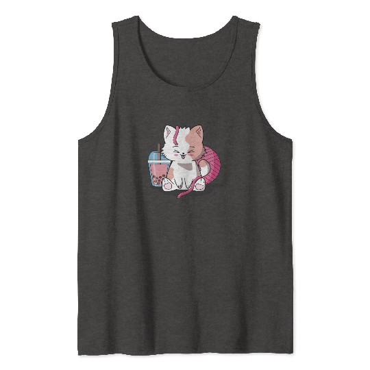 Chibi Boba Tea Cat Tank Tops