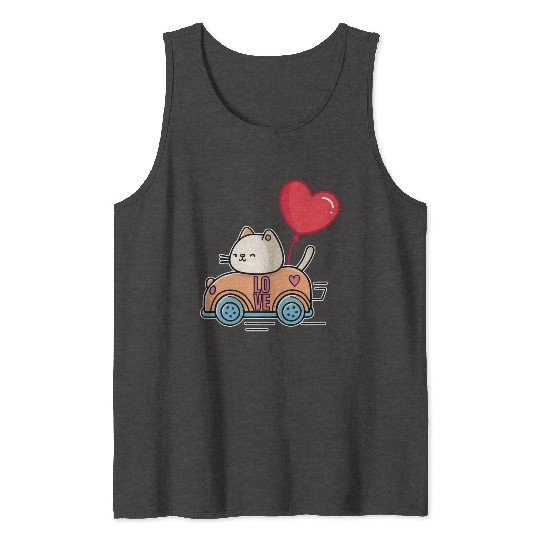 Cute cat in the love car, and love balloon - white Tank Tops