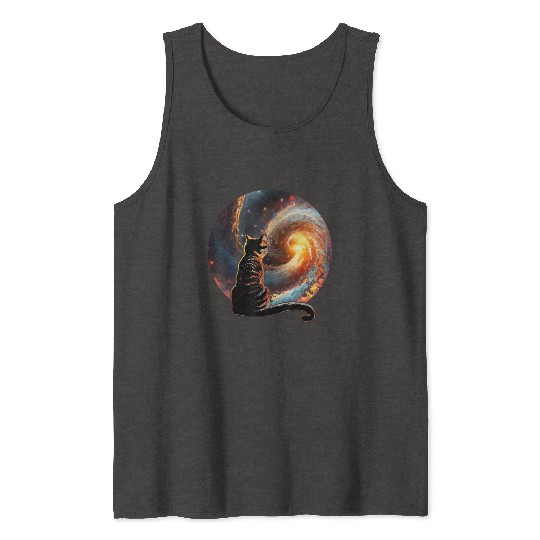 Cat Staring at a Galaxy Cat Dad Cat Lover Tank Tops