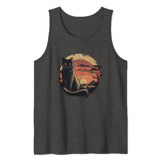 Catzilla Vintage Funny Cute black Cat Art Japanese Tank Tops