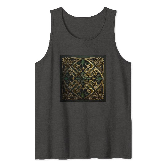 Green Bronze Ornamental Plaid Decoration Pattern Tank Tops