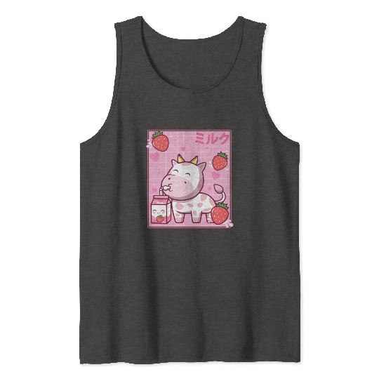 Kawaii Pink Strawberry Cow Milk Shake Otaku Anime Tank Tops