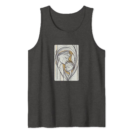 Abstract Line Art Mother and Child Design Tank Tops