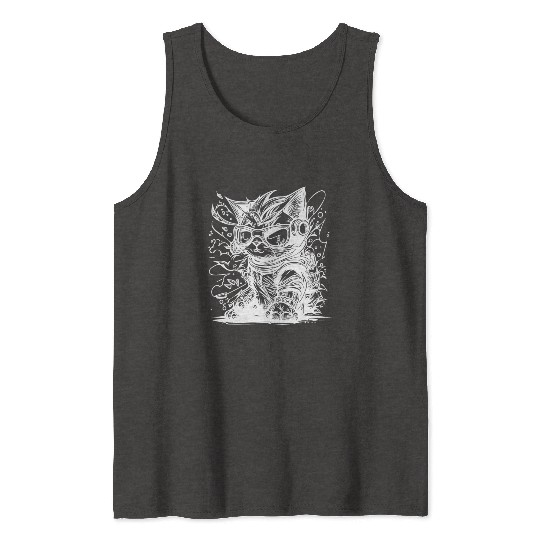 Little Cool Space Cat Splash Tattoo Style Tank Tops