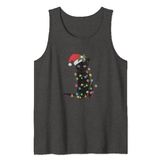 Black Santa Cat Tangled Up In Lights Christmas Tank Tops