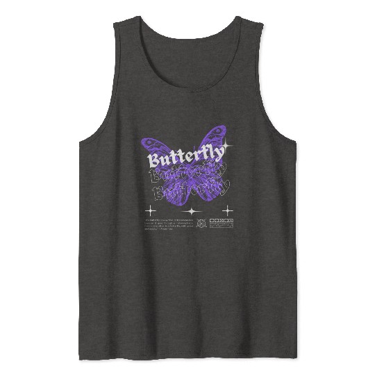 Black Purple White Modern Illustrated Butterfly Tank Tops