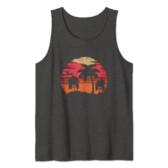 Vintage Retro Sunset Watercolor Beach Palm Trees Tank Tops