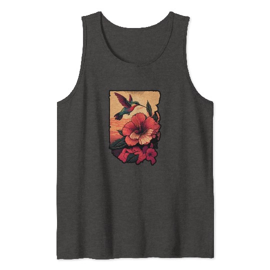 Hummingbird flies over hibiscus flower Tropical Tank Tops