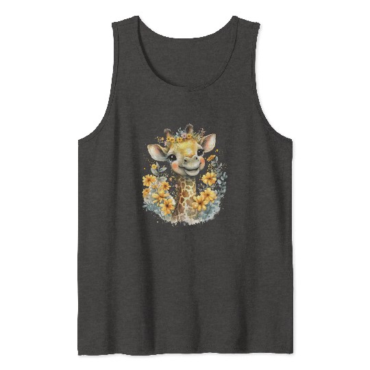 Baby Giraffe Safari Animal Watercolor Floral Tank Tops