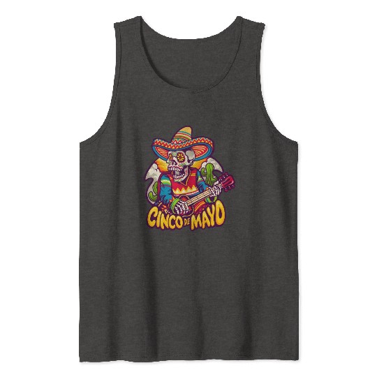 Mexican Skeleton Playing Guitar Cinco De Mayo Tank Tops