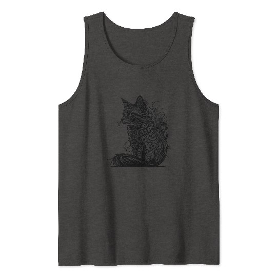 Tattoo Lines Cat In Wild Nature Style Tank Tops