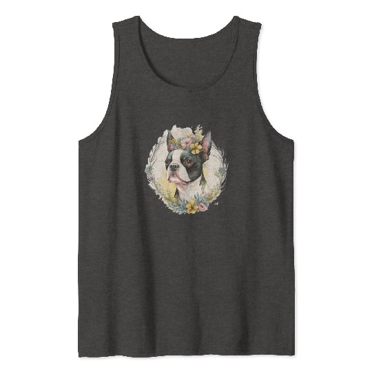 Cute Boston Terrier Flower Crown Pet Dog Breed Flo Tank Tops