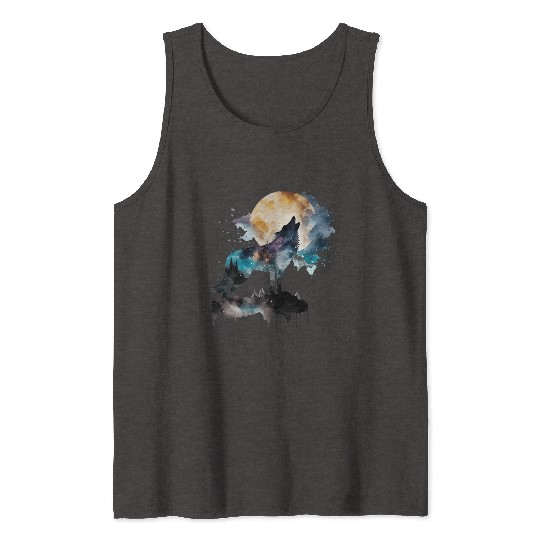 Mountain Wolf Multicolor Watercolor Portrait Tank Tops