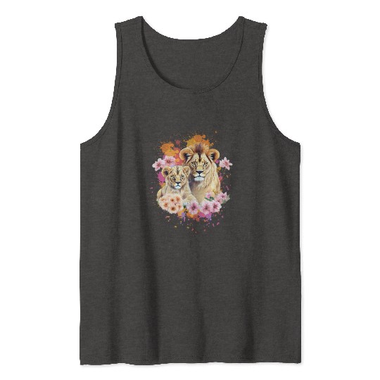 Lion Mom & Son Cubs with Flower Watercolor Tank Tops