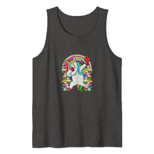 Womens Reading Teacher Dabbing Unicorn Elementary Tank Tops