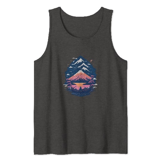 Serene Mount Fuji Sunset Peaceful River Scenery Tank Tops