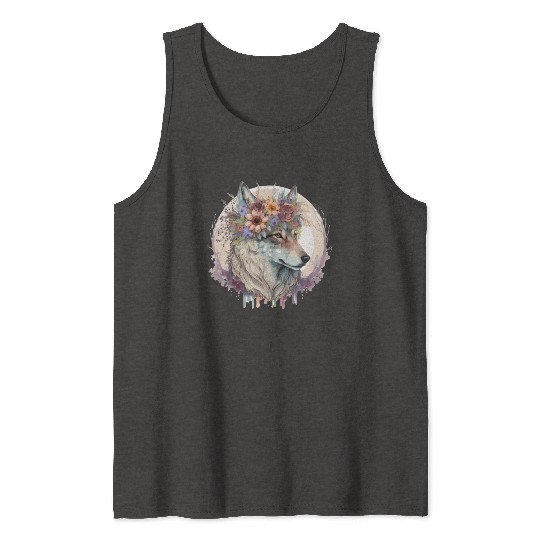 Cute Wolf Flower Crown Boho Aesthetic Animal Lover Tank Tops