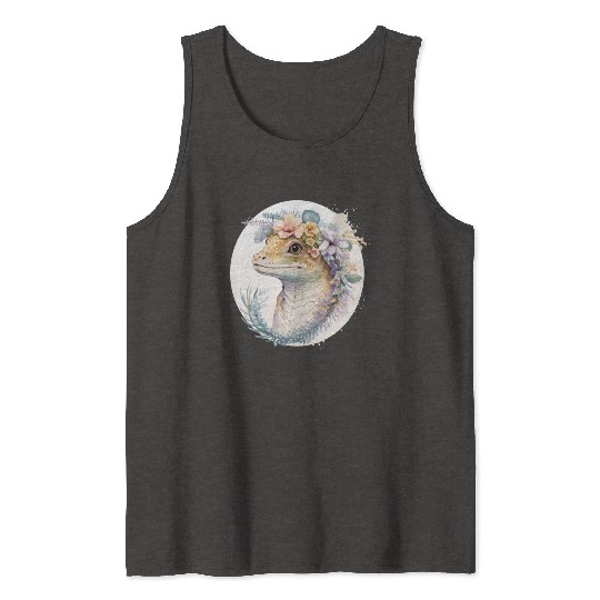 Watercolor Gecko Reptile Flower Crown Floral Amphi Tank Tops