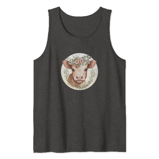 Cottagecore Cute Baby Cow Calf Floral Farm Animal Tank Tops