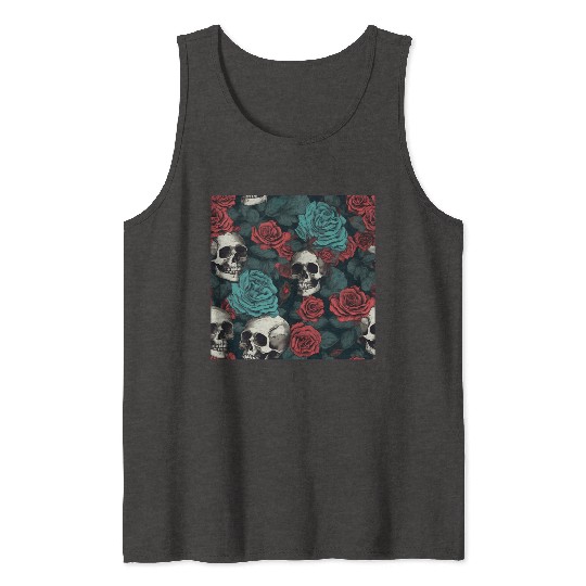 Gothic Skulls & Red Roses Pattern Dark Elegant Tank Tops
