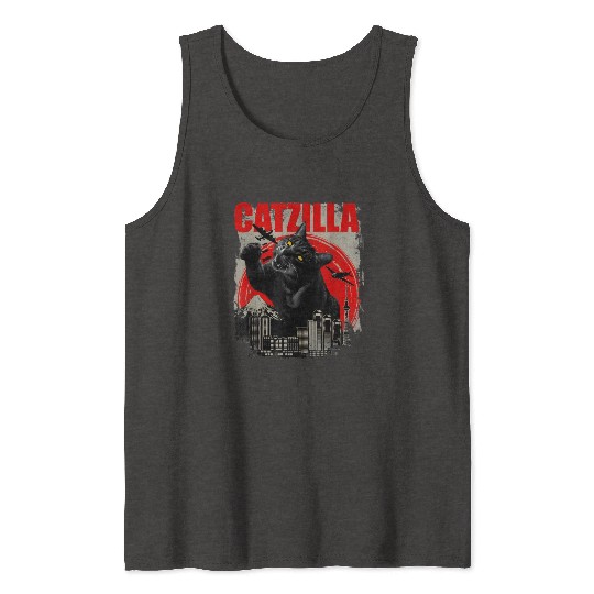 Catzilla Vintage Funny Cute Cat Art Japanese Sunse Tank Tops