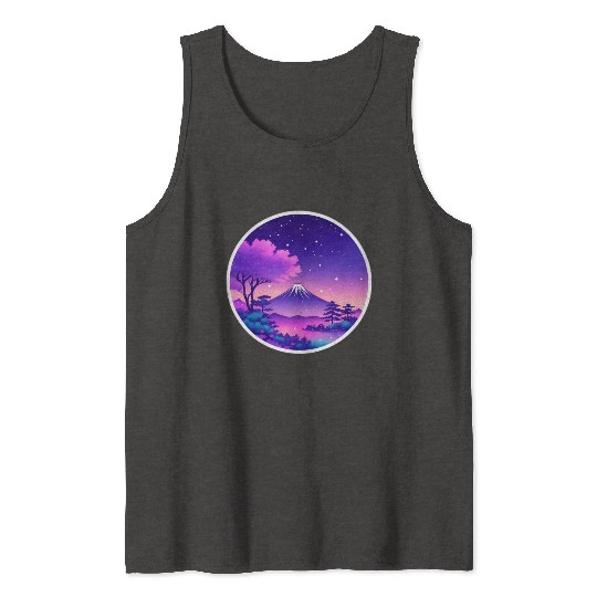 Japan Mount Fuji Night Sky Lo-Fi Art Retro Purple Tank Tops