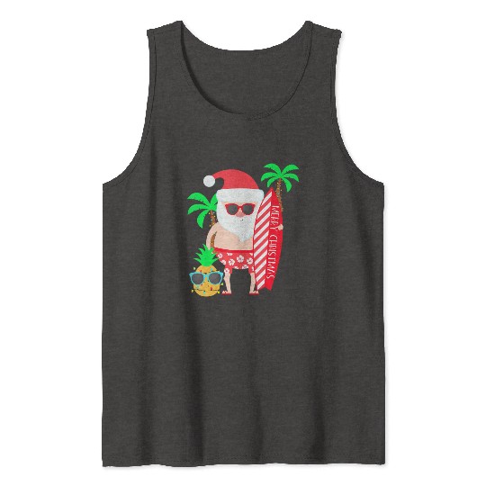 Santa Surfing Hawaiian Beach Christmas In July Tank Tops